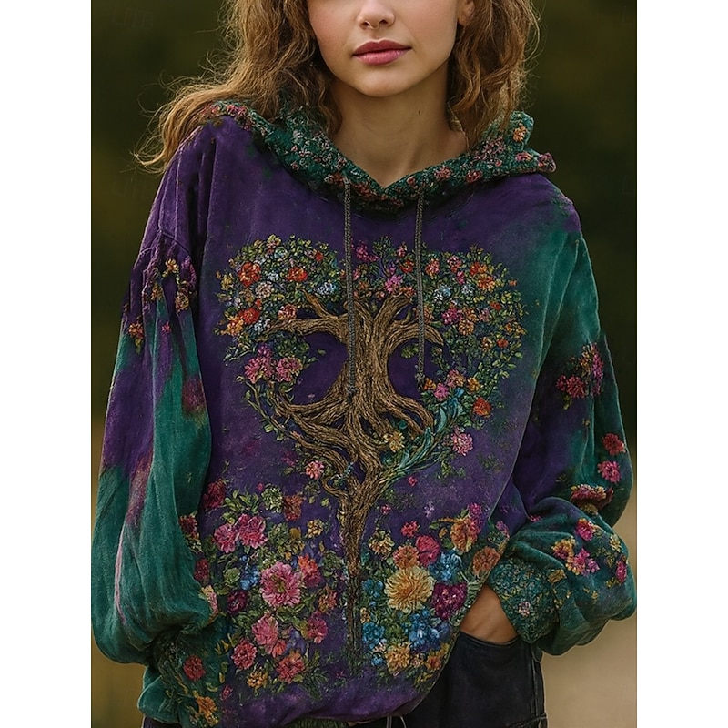 Women's 3D Print Vintage Boho Hoodie Patchwork Hoodie Sweatshirt Floral Pullover Sweatshirt Elegant Warm Active Long Sleeve Hooded Street Dailywear Casual Drawstring Print Blue Spring Fall Winter