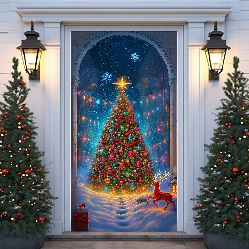 Christmas Door Cover, Colorful Winter Wonderland Scene with Glittering Trees, 2025 Xmas Festive Lights and Holiday Door Curtain Backdrop for Xmas Party Indoor Outdoor Decorations4
