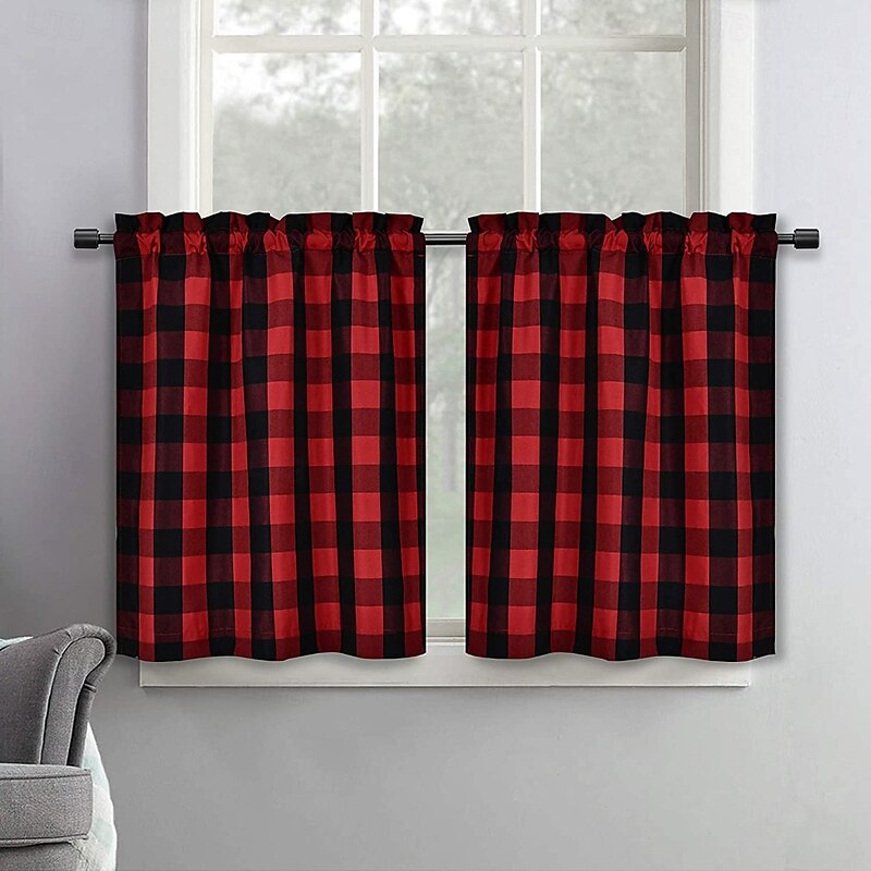 Buffalo Check Rod Pocket Valance, Kitchen and Living Room Small Window Curtain, Cafe Short Drapes, Half Window Privacy Curtain4