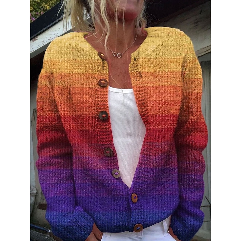 Women's Cardigan Fashion Daily Casual Graphic Geometric Ribbed Crew Neck Buttons Print Long Sleeve Regular Tops Knit Outdoor Daily Date Black Blue Fall Winter3