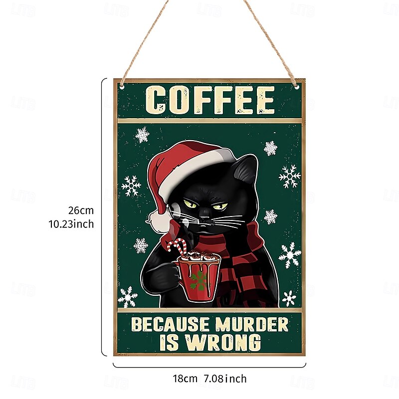 Christmas Wooden Black Cat Hanging Sign, Rectangular Xmas Cat Decoration, Colorful Printed Wooden Sign for Room, Home Décor or Holiday Christmas Decorations3