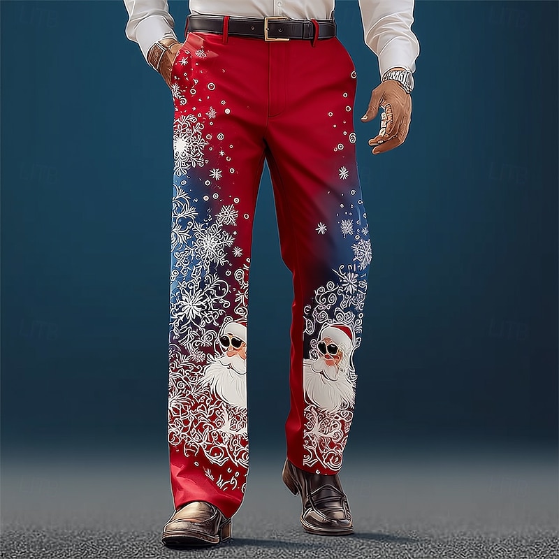 Christmas Men's Santa Claus Snowflake Christmas Costume Trousers Dress Pants Suit Pants Mid Waist Casual Outdoor Holiday Straight Leg Pants with Pockets Spring Fall Winter 3D Print Red