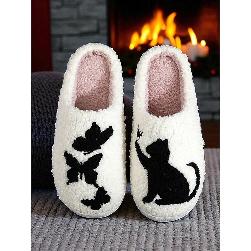 Women's Plush Slippers with Butterfly and Cat Designs, Soft and Cozy Warm Shoes, Ideal for Lounging at Holloween, Winter Relaxation and Holiday Comfort2