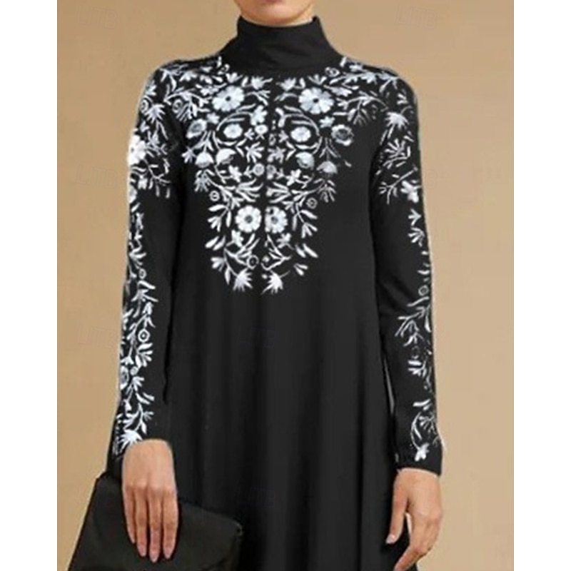 Women's Long Dress Maxi Dress Black Dress Casual Dress Cocktail Dress Formal Dress Fashion Muslim Outdoor Daily Weekend Regular Fit Flower Long Sleeve Stand Collar Black Spring Fall2