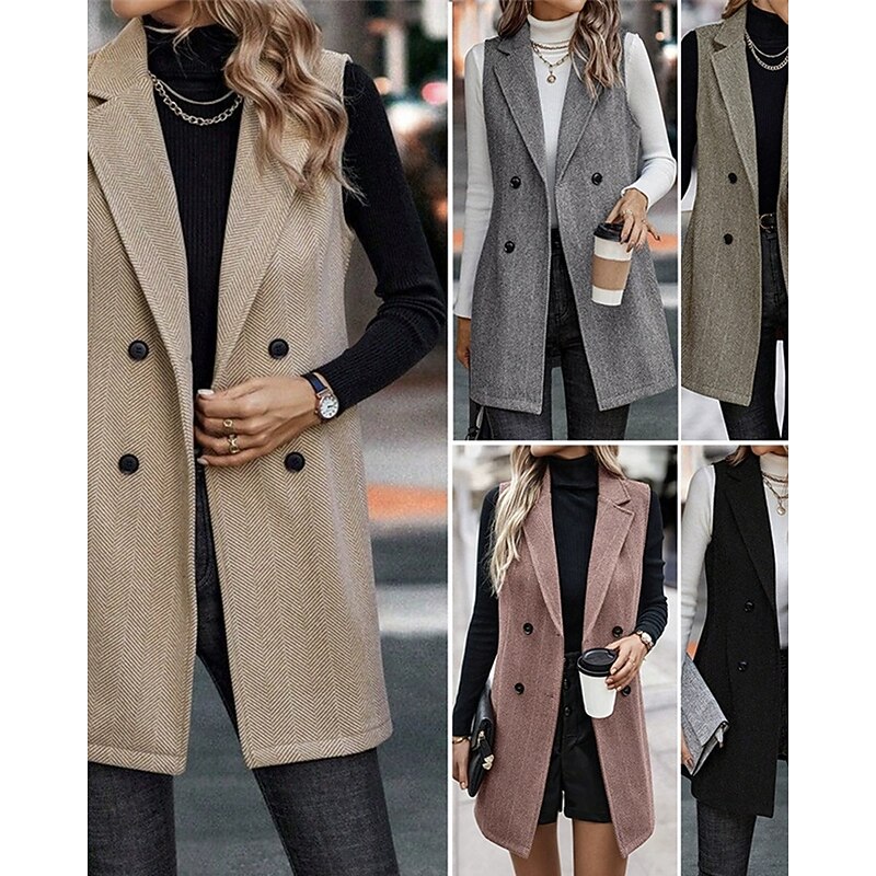 Women's Casual Jacket Warm Comfortable Buttons Fashion Outdoor Plain Going out Weekend Double Breasted Regular Lapel Regular Fit Sleeveless Outerwear Black Pink Camel Fall Winter