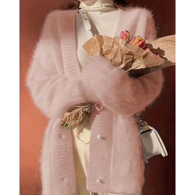 Women's Sweater Cardigan Elegant Fashion Streetwear Pure Color V Neck Pocket Knitted Long Sleeve Regular Tops Knit Outdoor Daily Weekend Pink Fall Winter