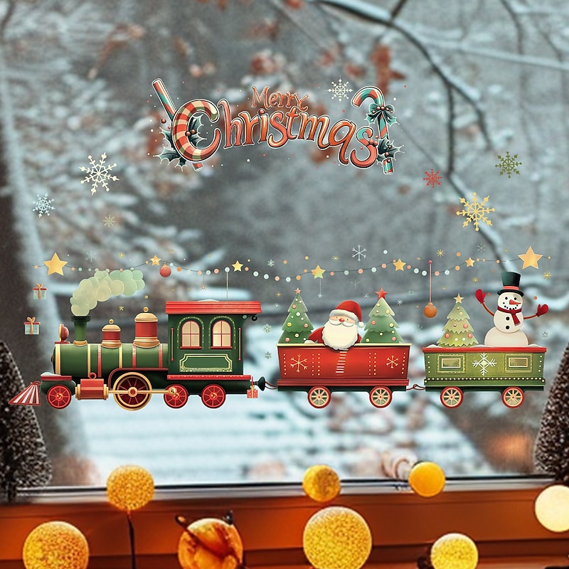 Christmas Sticker Wall Decals Cartoon Train Santa Claus Snowman Removable Vinyl Mural Holiday Party Living Room Bedroom Home Decoration Glass Window Background For Christmas Festival