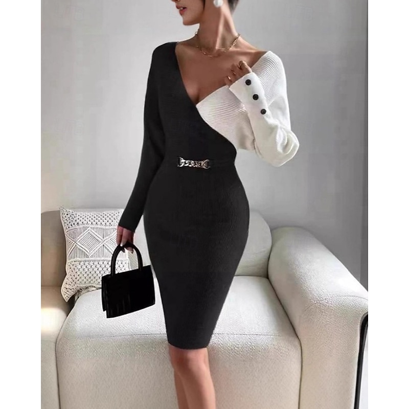 Women's Midi Dress Sweater Dress Casual Dress Bodycon Elegant Fashion Modern Daily Date Weekend Regular Fit Color Block Long Sleeve Deep V Black Apricot Gray Fall Winter3