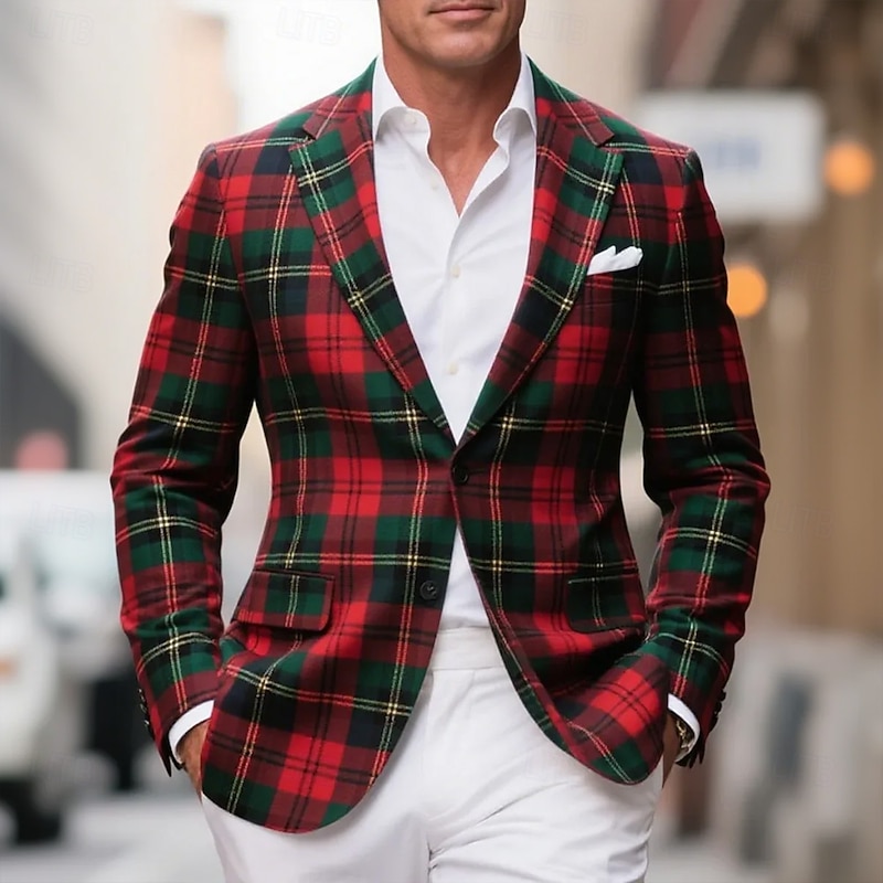 Men's Blazer Coat Outdoor Casual Casual Daily British Fall / Winter 100% Polyester Plaid 3D Print Buttons Thermal Warm Comfortable Single Breasted Blazer Red