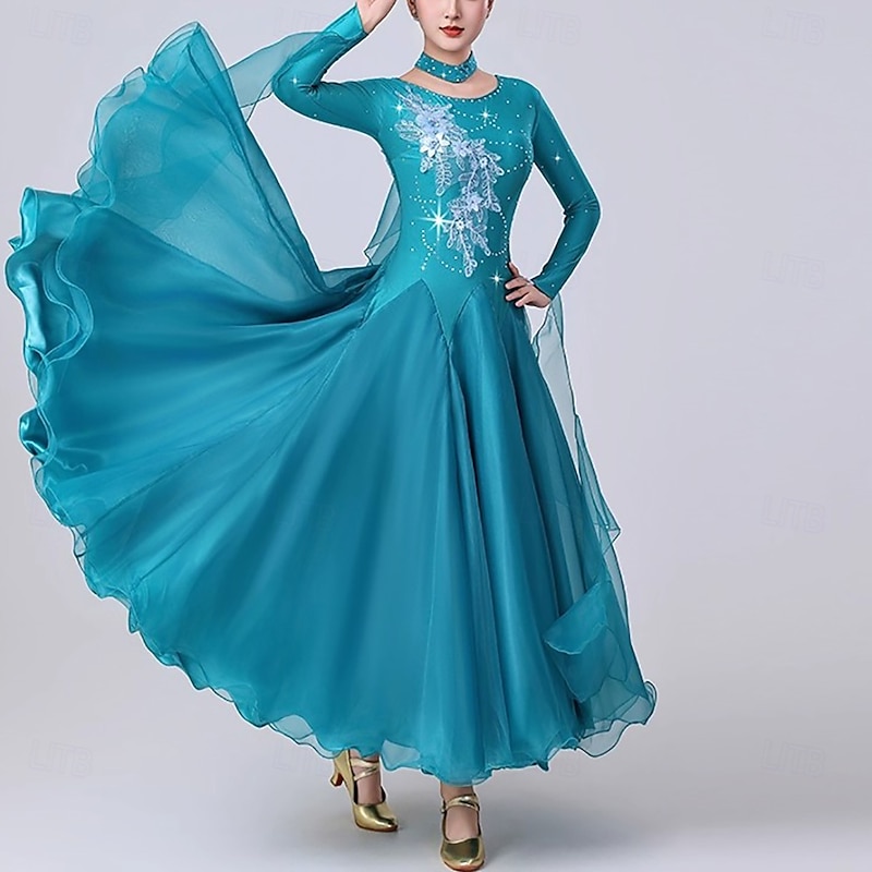 Ballroom Dance Dress Crystals / Rhinestones Women's Performance Party Long Sleeve Modern Waltz Dance Costumes3