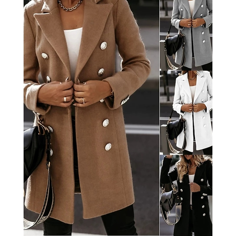 Women's Casual Jacket Warm Comfortable Pocket Buttons Fashion Outdoor Plain Going out Weekend Single Breasted Regular Lapel Regular Fit Long Sleeve Outerwear Black White Khaki Fall Winter