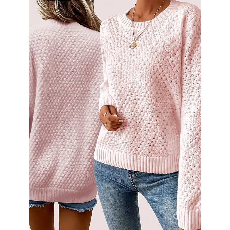 Women's Pullover Elegant Vintage Cute Solid Color Chunky Crew Neck Knitted Textured Long Sleeve Regular Tops Knit Outdoor Home Work Pink Blue Spring Fall