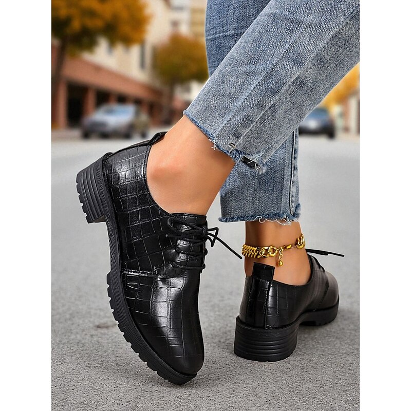 Women's Black Faux Leather Croc Embossed Oxford Shoes – Lace-Up Round Toe Flats for Office, Streetwear and Casual Daily Outfits3
