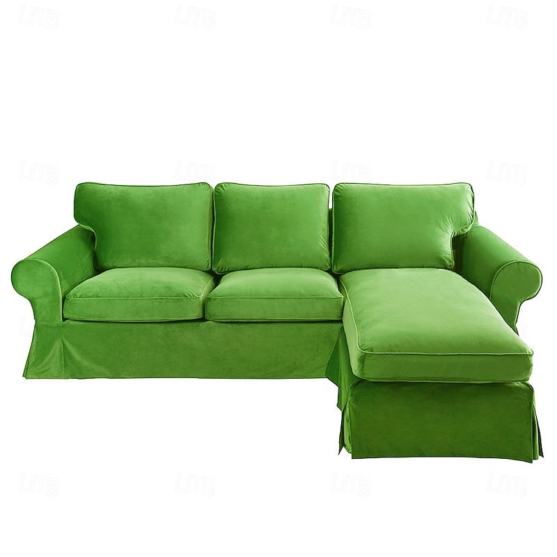 EKTORP 3-Seater Sofa with Chaise Longue Cover, Solid Color Quilted Velvet Slipcover, Durable Non-Slip Protector for Living Room3