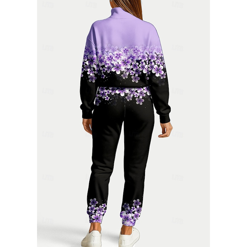 Women's Sweatshirt Tracksuit 2 Piece Tracksuit Drawstring Zip Up Floral Clothing Suit Fall Purple Vocation Outdoor Travel Lightweight Fashion Long Sleeve Sport Activewear Stretchy Regular Fit2