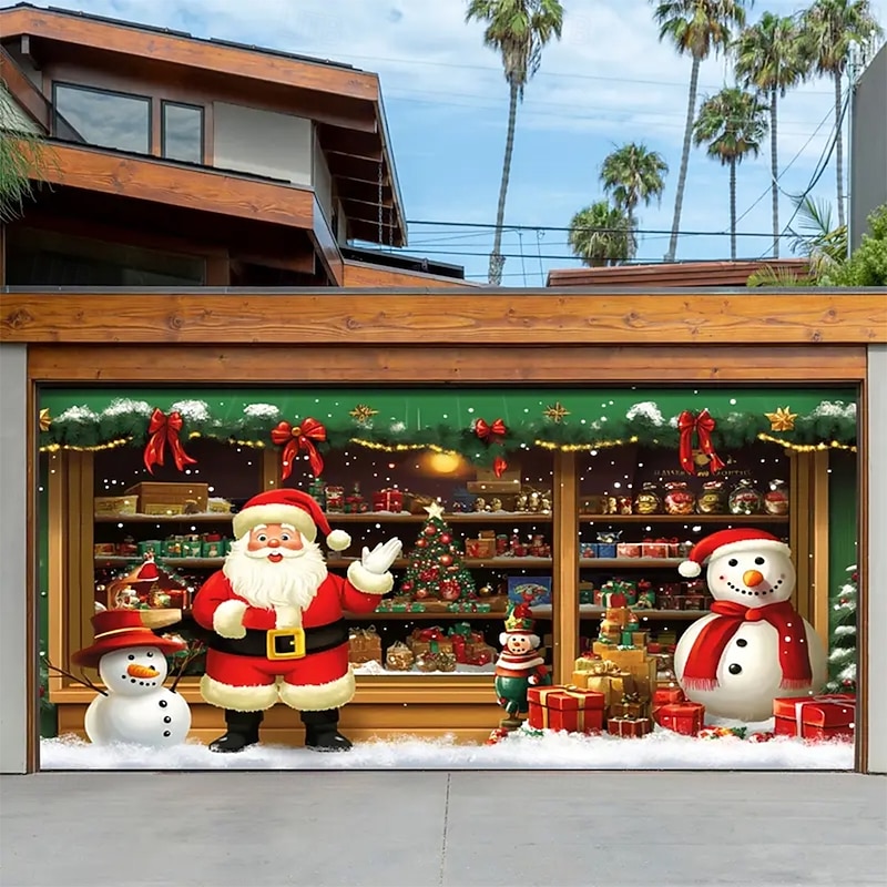 Christmas Garage Door Cover Large Hanging Backdrop Christmas Shop Gift Cute 3D Party Outdoor Holiday Shooting Backgrounds Yard Home Decor4