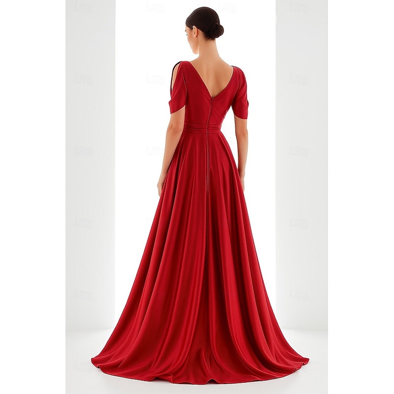 Red Black A-Line Evening Gown Elegant Formal Dress Formal Wedding Floor Length Long Sleeve V Neck Satin with Bow(s) Pleats 20252