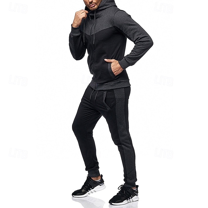 Men's 2 Piece Tracksuit Lounge Hoodie Sweatsuit Sets Color Block Clothing Suit Spring Dark Grey Black Gym Workout Running High Waist Lightweight Fashion Long Sleeve Sport Activewear Micro-elastic3