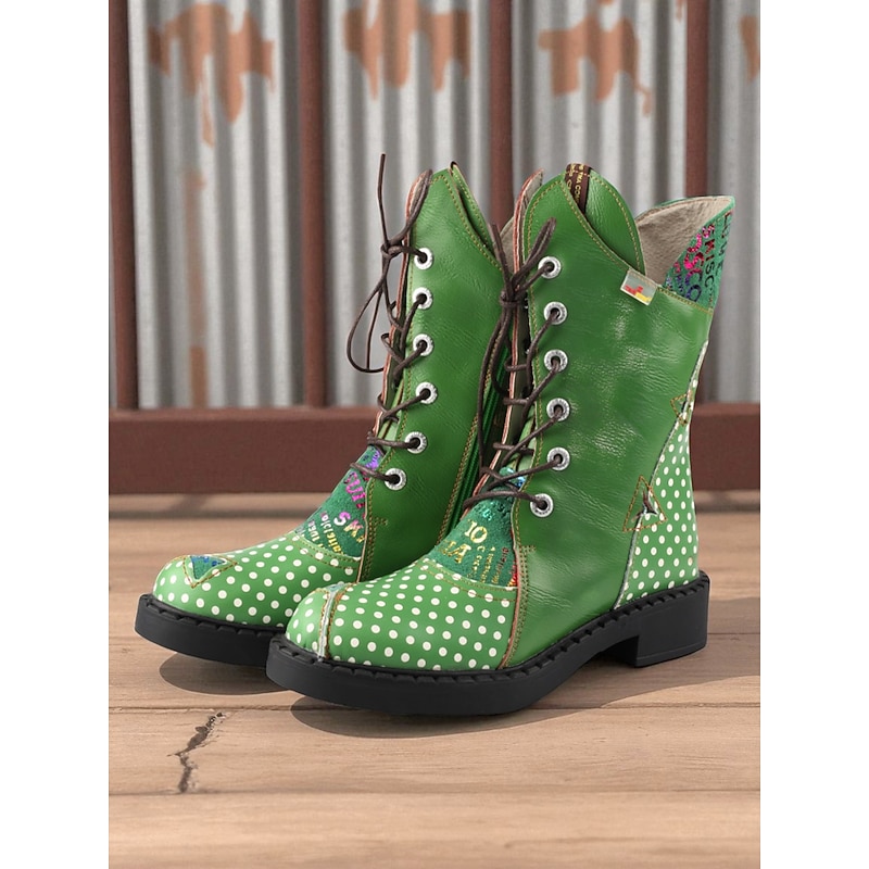 Women's Genuine Leather Green Polka Dot Combat Boots – Retro Lace-Up Boots for Outdoor Fashion and Festivals