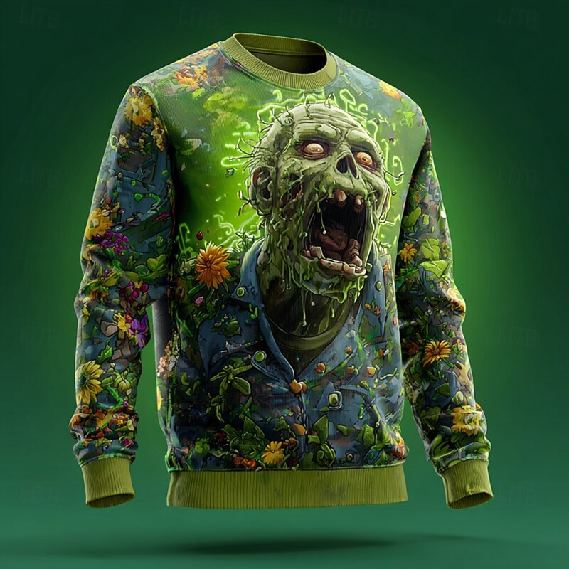 Halloween Men's Zombies Pullover Sweater Jumper Knitwear Crewneck Casual Dark Vacation Street Daily 3D Print Knit Keep Warm Long Sleeve Spring Fall Winter Green 1# Green 2# Green 3#3