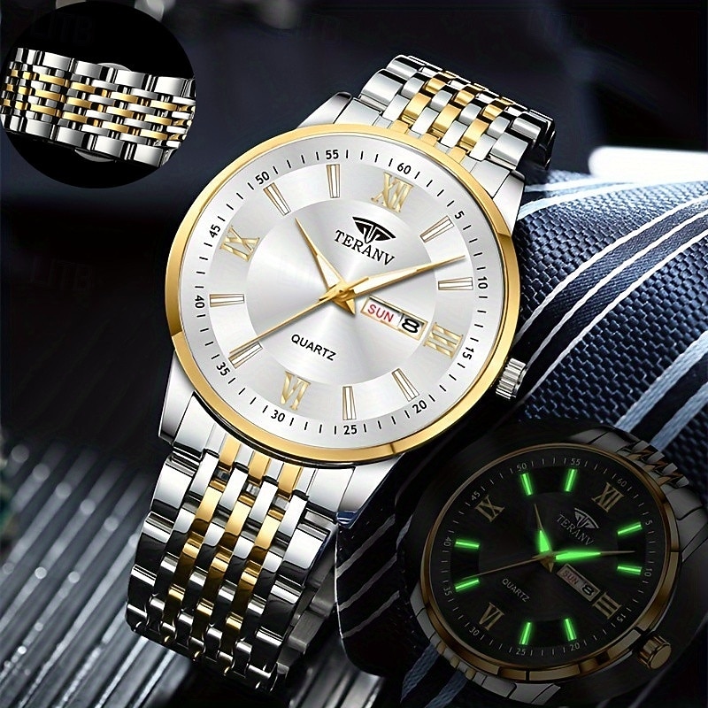 An Original Business-Style Alloy Strap Fashionable Men'S Watch With Ipx7 Water Resistance Luminous Date And Day Display Casual Quartz Sports Wristwatch