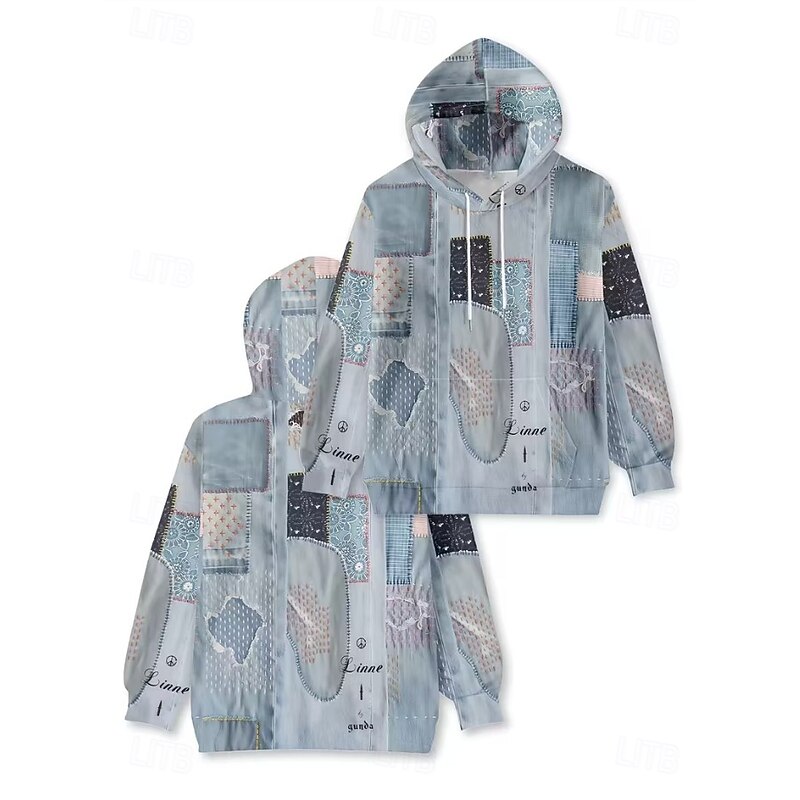 Women's Pullover Hoodie Sweatshirt Graphic Geometric Punk Active Vintage Long Sleeve Hooded Regular Tops Street Dailywear Patchwork Print Front Pocket Denim Blue Light Blue Spring Fall Winter3
