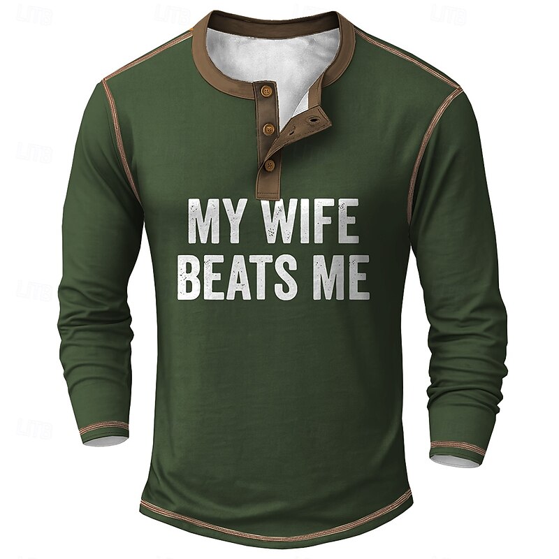 Men's Funny Slang Henley Shirt Tee Long Sleeve Vintage Fashion Designer Outdoor Casual Daily Spring &  Fall All Seasons Army Green Black Red Navy Blue Henley Henley T-Shirt
