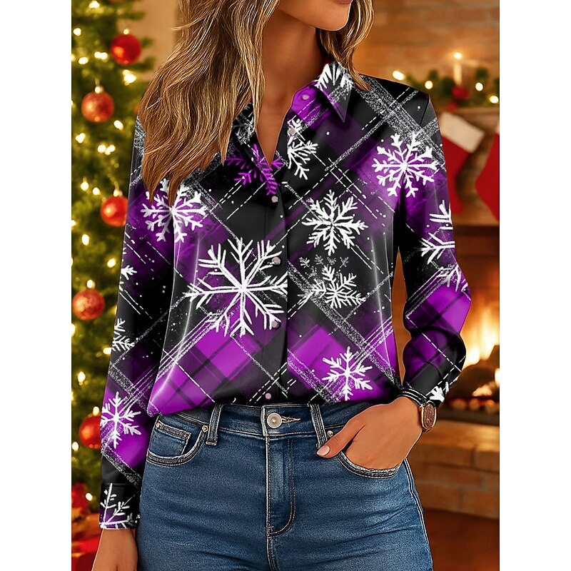 Christmas Women's Work Shirt Graphic Plaid Snowflake Elegant Vintage Tropical Long Sleeve Shirt Collar Regular Tops Work Party Evening Wear Daily Red Blue Purple Orange Green Fall Winter Spring3