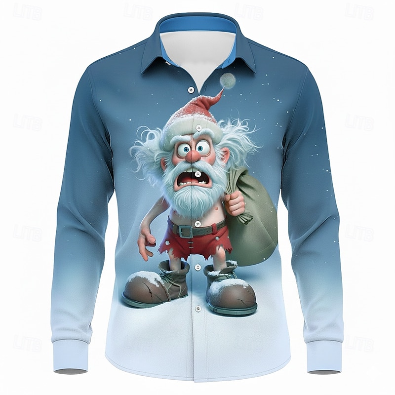 Christmas Men's Santa Claus Gradient Color funny christmas Shirt Button Up Shirt Long Sleeve Funny Outdoor Holiday Spring Fall Turndown 3D Print Collared Shirts Blue Gray2