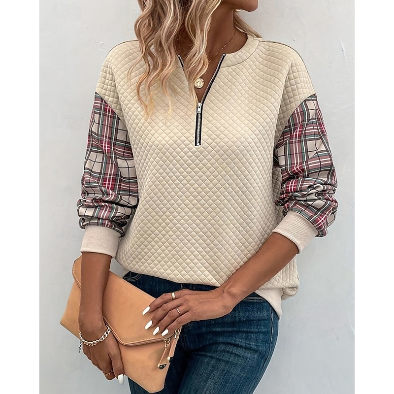 Women's Pullover Sweatshirt Plaid Casual Long Sleeve Crew Neck Regular Tops Holiday Going out Patchwork Half Zip Beige Fall Winter2