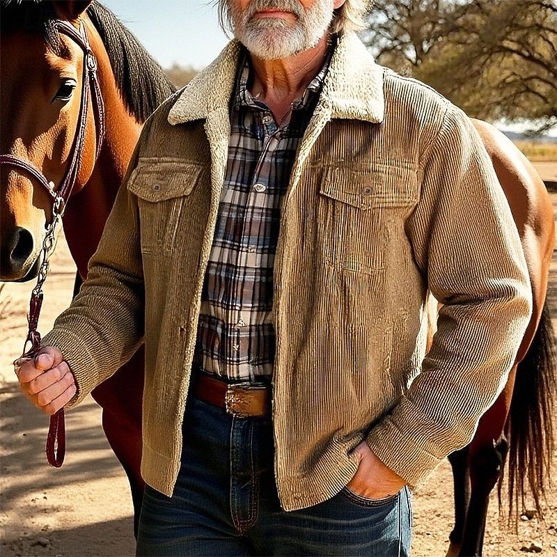 Men's Winter Jacket Corduroy Jacket Fleece Jacket Casual Jacket Vacation Daily Thermal Warm Pocket Fleece Fall Winter Plain Fashion Streetwear Lapel Regular Black Khaki Coffee Gray Jacket