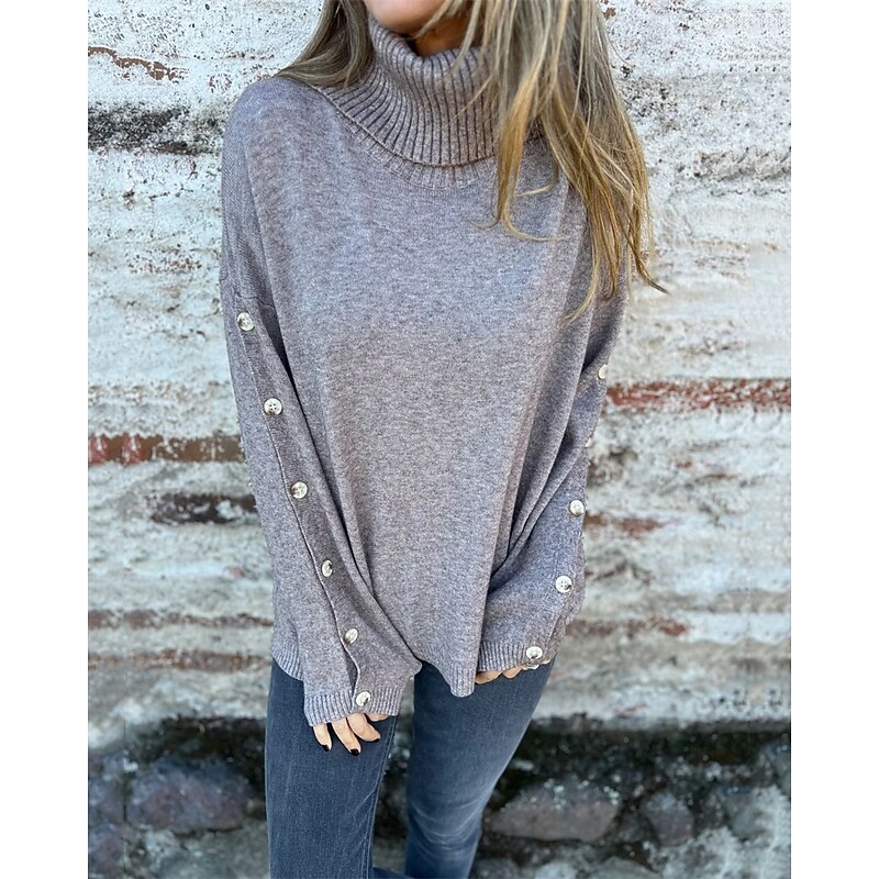Women's Sweater Fashion Streetwear Casual Pure Color Ribbed Turtleneck Knitted Long Sleeve Regular Tops Knit Outdoor Daily Weekend Gray Fall Winter