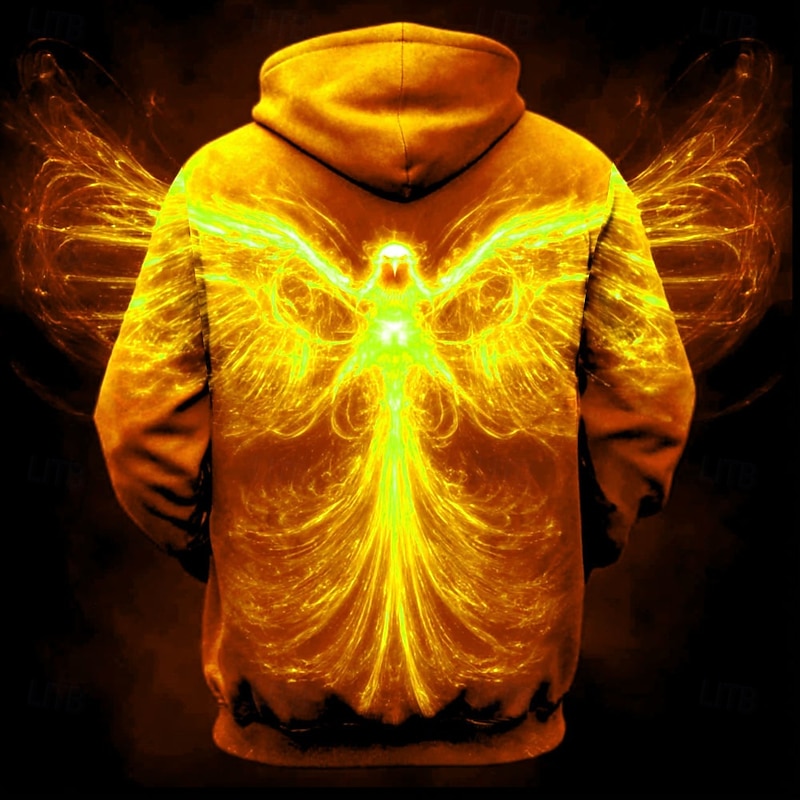 Men's 3D Phoenix Hoodie Sweatshirt Cool Party Crew Neck Club Streetwear Yellow Orange Drawstring Fall Winter Designer2