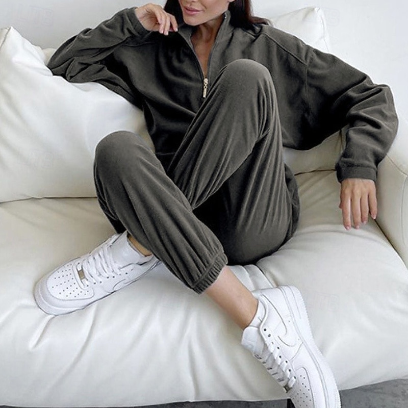 Women's Fashion Streetwear Pants Sets Bolero Top Sweatshirt Long Sleeve Stand Collar Solid Color Zipper Outdoor Work Casual Gray Spring Regular Fit4