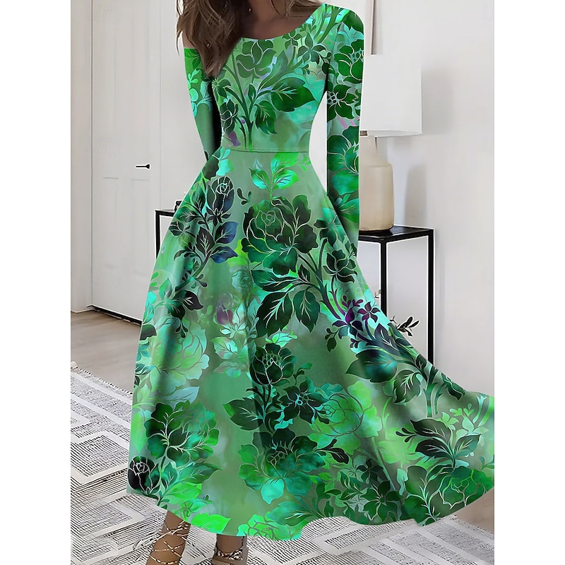 Women's Midi Dress A Line Dress Fit And Flare Dress Vacation Casual Boho Party Daily Going out Regular Fit Floral Graphic Long Sleeve Crew Neck Red Blue Purple Green Summer Spring Fall Winter4
