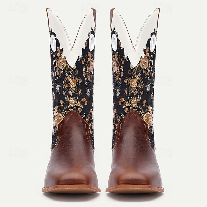 Men's Cowboy Boots with Golden Floral Embroidery – Classic Western Style Mid-Calf Pull-On Shoes for Rodeo, Country Concerts and Outdoor Events3