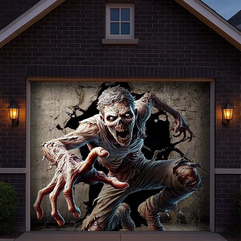 Halloween Garage Door Cover Skull Breaking Through Door Banner Haunted House Horror Scene Spooky Backdrop Tapestry for Outdoor Wall Fence Yard Halloween Party Decoration2