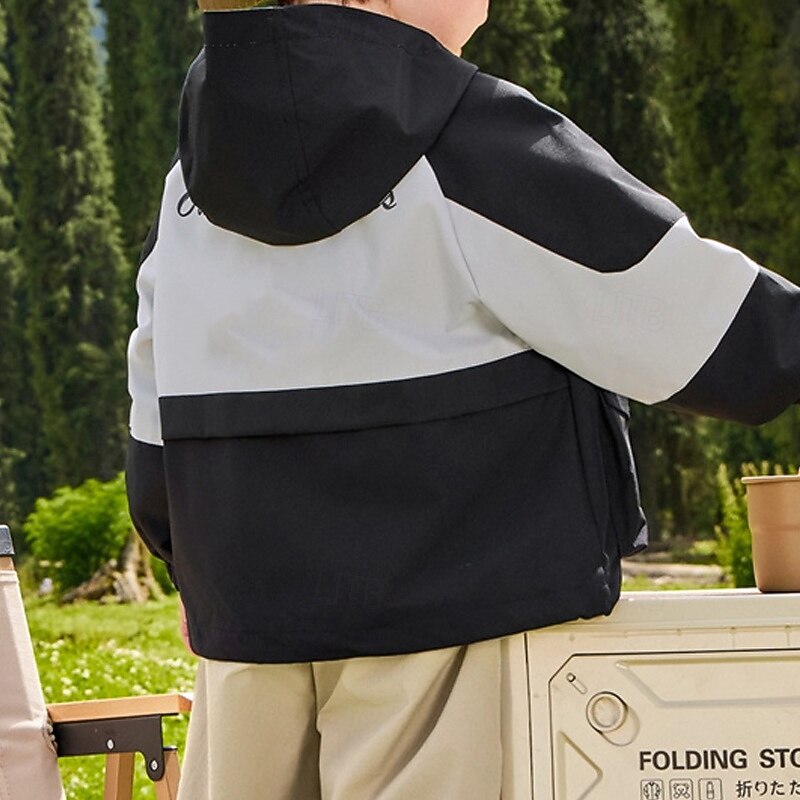 Kids Boys' Hiking Jacket Outdoor Jacket Outerwear Color Block Long Sleeve Zipper Pocket Comfort Waterproof Windproof Coat Outdoor Fashion Daily Black Spring Fall 4 years+4