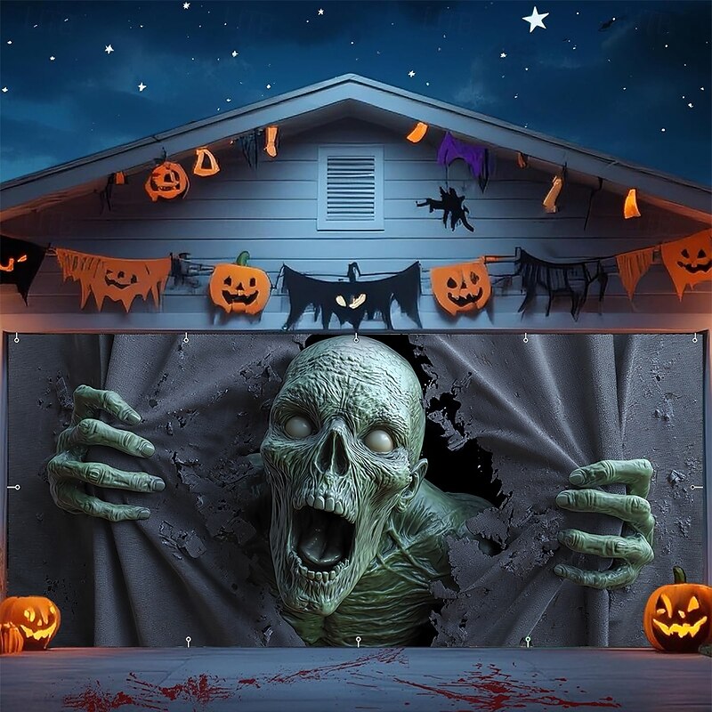 Halloween Tapestry Garage Door Cover Large Hanging Backdrop Skeleton Dark Punk Gothic Style Party Outdoor Guys Man Cave Frat Bedroom Shooting Backgrounds Yard Haunted House Home Decor3