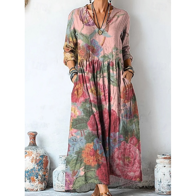 Women's Maxi Dress A Line Dress Vacation Casual Boho Going out Beach Loose Fit Floral Graphic Long Sleeve V Neck Light Yellow Light Pink Pink Purple Summer Spring Fall2