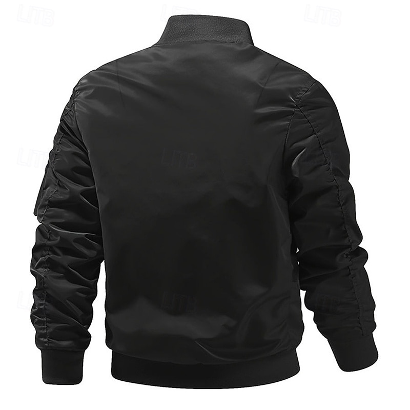 Men's Bomber Jacket Casual Jacket Vacation Daily Breathable Pocket Spring Fall Plain Fashion Classic Stand Collar Regular Black Army Green Jacket3