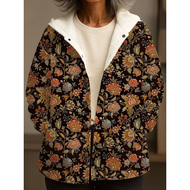 Women's Winter Coat Winter Jacket Fleece Jacket Windproof Warm Pocket Buttons Casual Floral Vacation Home Casual Daily Regular Hooded Regular Fit Long Sleeve Outerwear Pink Blue Orange Winter
