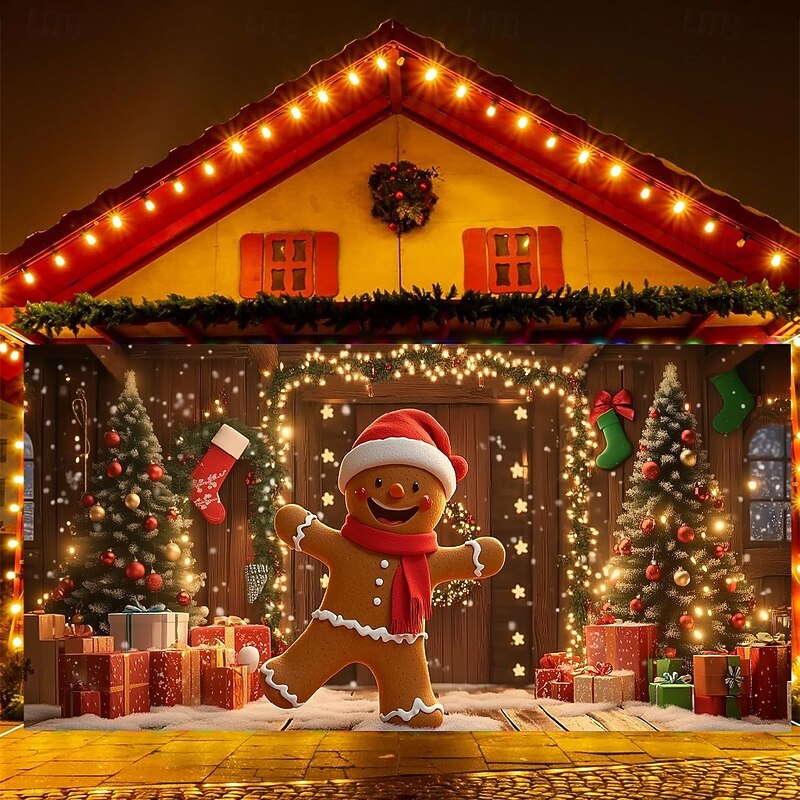 Christmas Outdoor Garage Door Cover Gingerbread Man Christmas Tree Stocking Gift Santa Hat Large Tapestry Backdrop Holiday Party Wall Decoration For Outdoor Garage Door Home Festival Celebration Decor4
