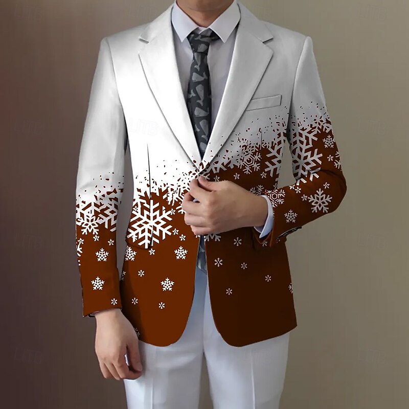 Men's Blazer Coat Christmas Outdoor Street Pocket Casual Daily Fall / Winter 100% Polyester Snowflake 3D Print Buttons Thermal Warm Comfortable Single Breasted Blazer Red Blue Purple Brown