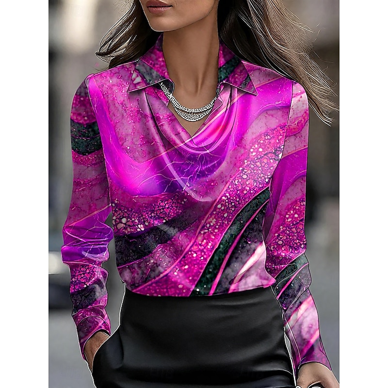 Women's Shirt Dressy Tops Formal Work Shirt Graphic Geometric Abstract Elegant Stylish Casual Long Sleeve Cowl Neck Work Party Evening Wear Daily Ruched Draped Red Blue Purple Orange Green Fall4