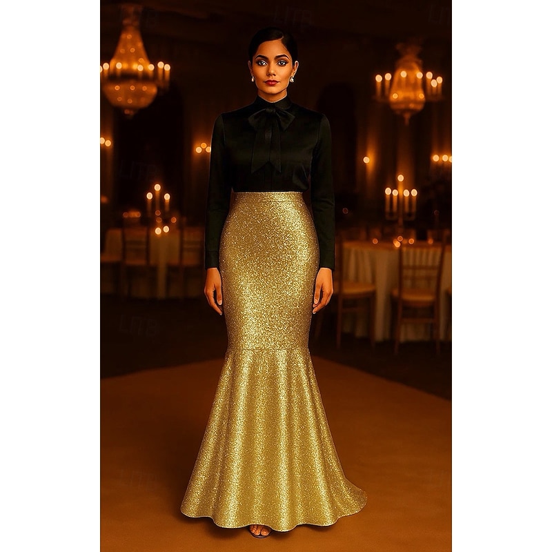 Mermaid / Trumpet Shirtdress Gown Elegant Formal Dress Formal Wedding Floor Length Sleeveless High Neck Stretch Satin with Bow(s) Sequin 2025