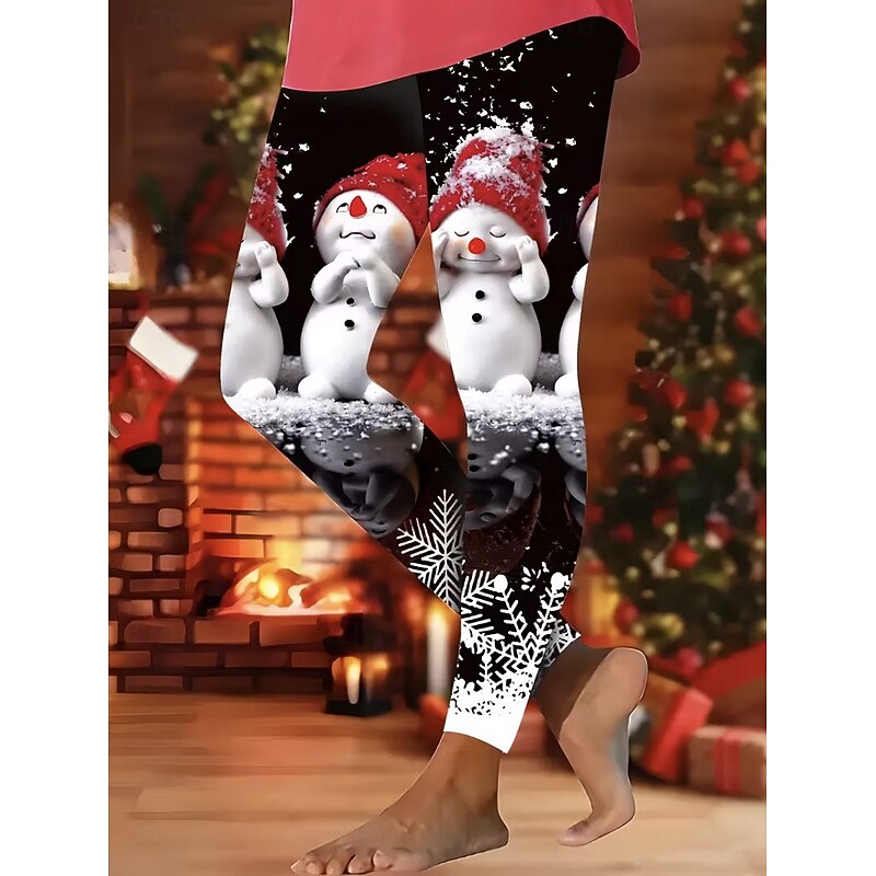 Women's Leggings Vacation Vintage Fashion Full Length High WaistPantsUgly Christmas Graphic Snowman Snowflake Printing Thermal Warm Soft Breathable Stretchy Formal Outdoor Vacation Black White Red2