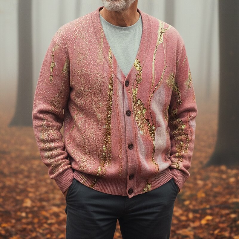 Christmas Men's Floral Botanical Flower / Plants Sweater Cardigan Sweater V Neck Retro Vintage Casual Tribal Outdoor Home Party Buckle Long Sleeve Fall Winter Pink Green