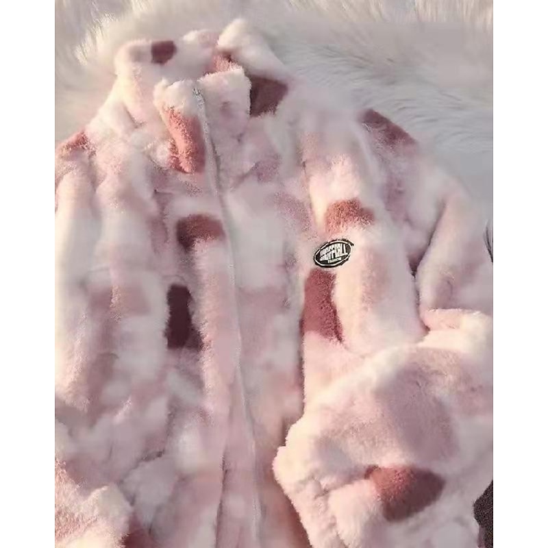 Women's Fleece Jacket Teddy Coat Faux Fur Coat Warm Comfortable Zipper Casual Tie Dye Vacation Street Casual Daily Wear Regular Stand Collar Regular Fit Long Sleeve Outerwear Pink Blue Gray Fall