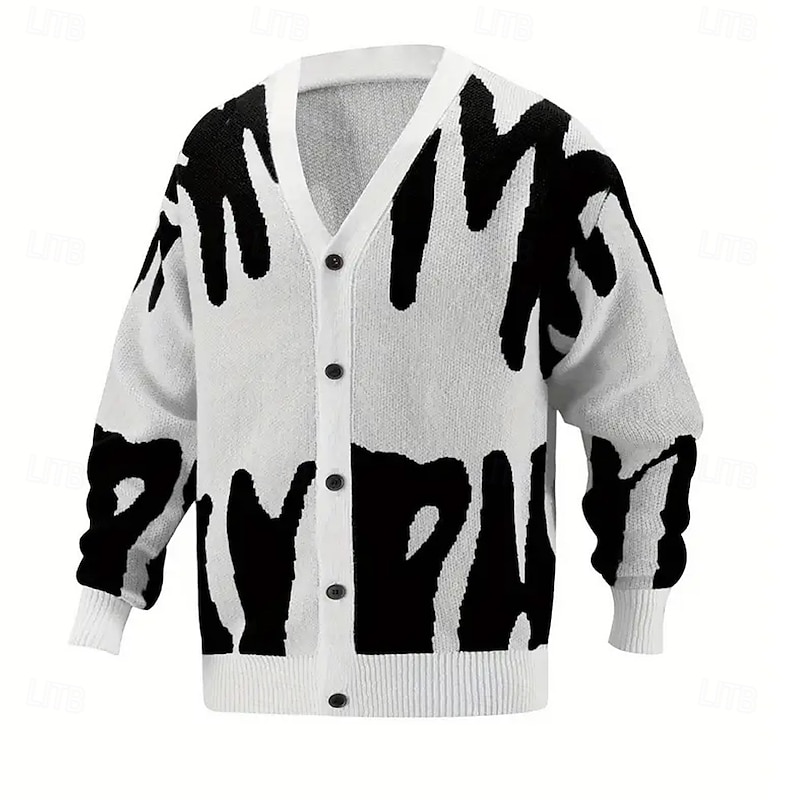 Men's Color Block Cardigan Sweater V Neck Casual School Vacation Daily 3D Print Keep Warm Long Sleeve Spring Fall Winter Black Blue Sky Blue2